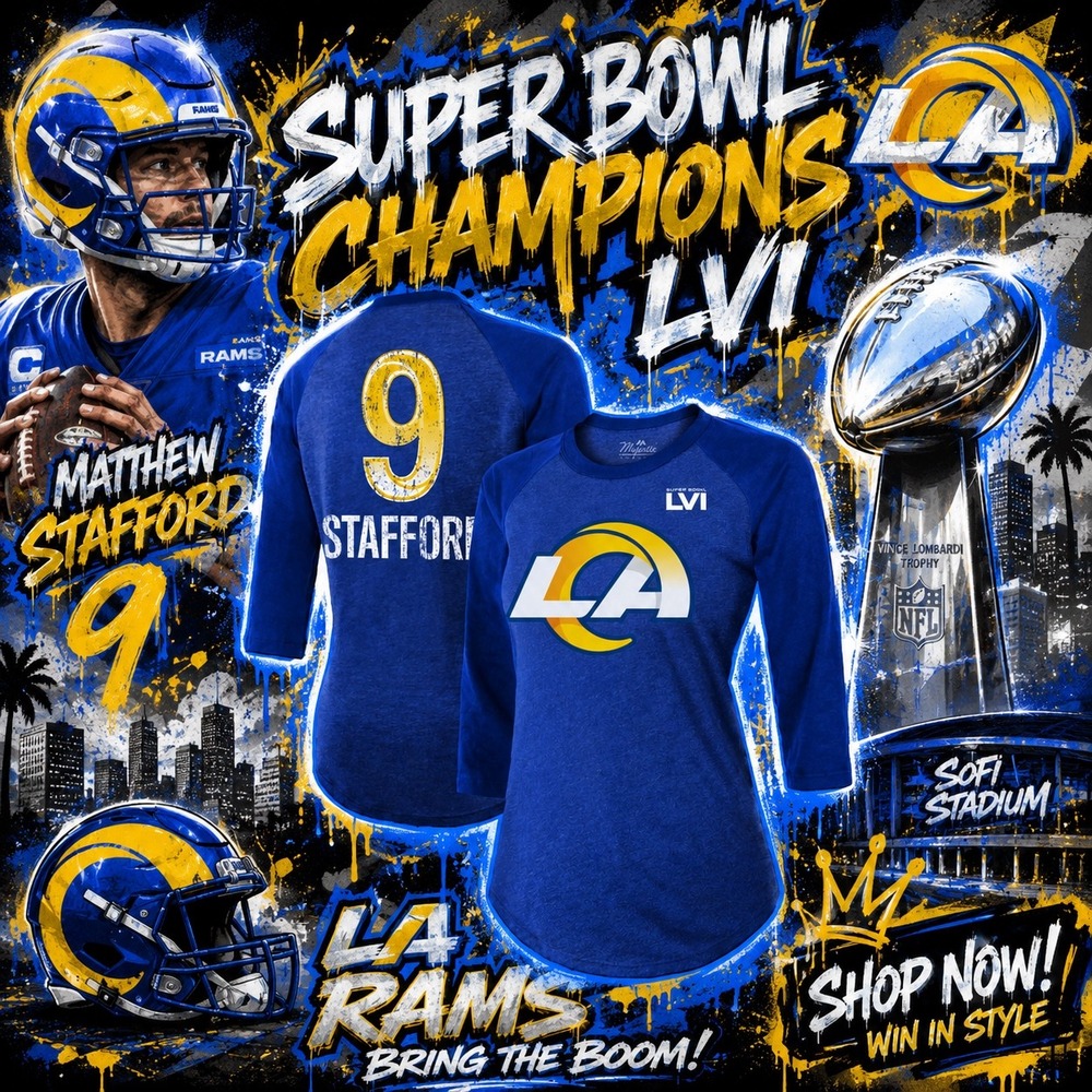 Majestic Threads Los Angeles Rams Super Bowl LVI Women Raglan T-Shirt Blue M NEW